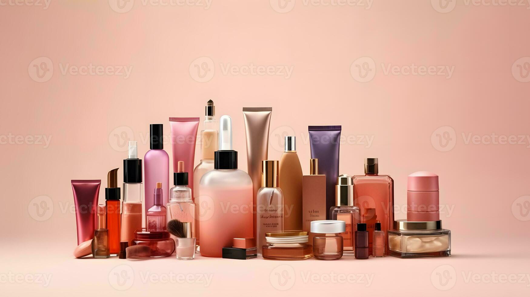 cosmetic collection for women on pastel pink background. generative ai photo