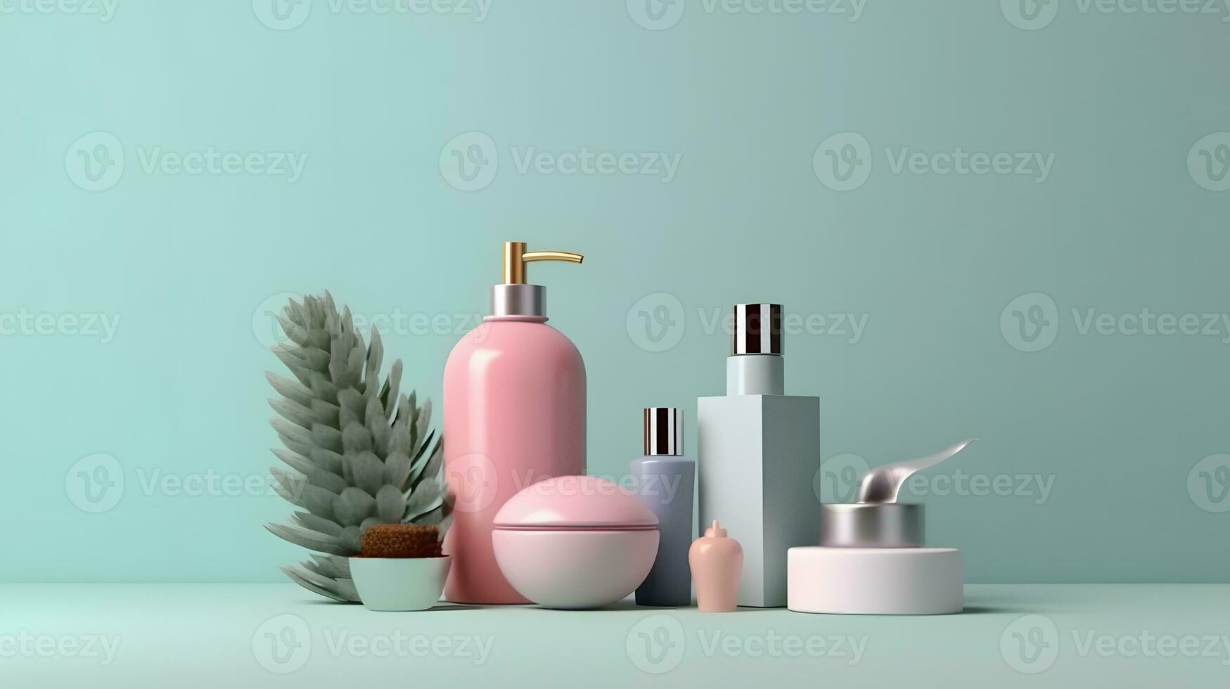 cosmetic collection for women on pastel pink background. generative ai photo