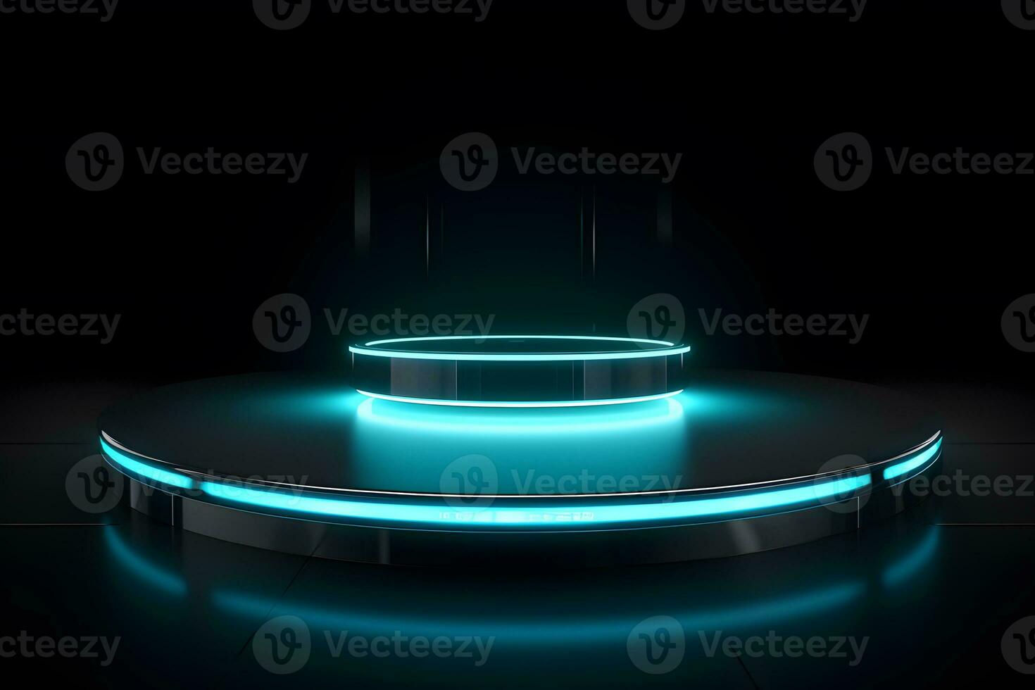 Sci-Fi product stand mockup. Podium with blue neon lights up in the darkness. podium for technology. generative ai photo