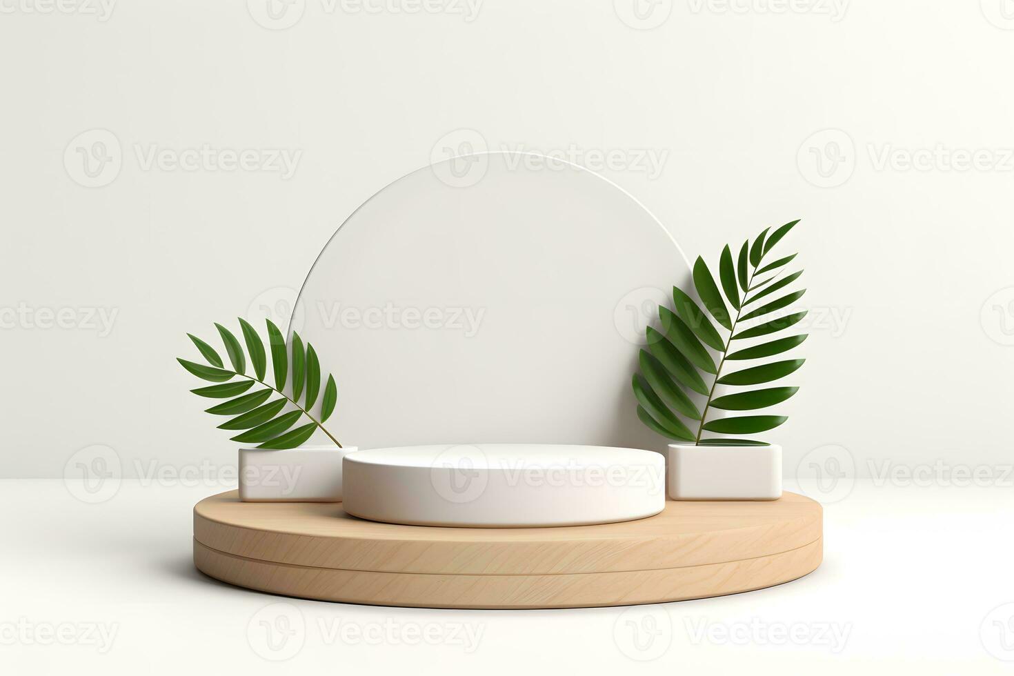 3d minimal podium with geometric shapes. Wooden podium in white background. product presentation. mock up. display cosmetic product display. stage podium or platform. generative ai photo