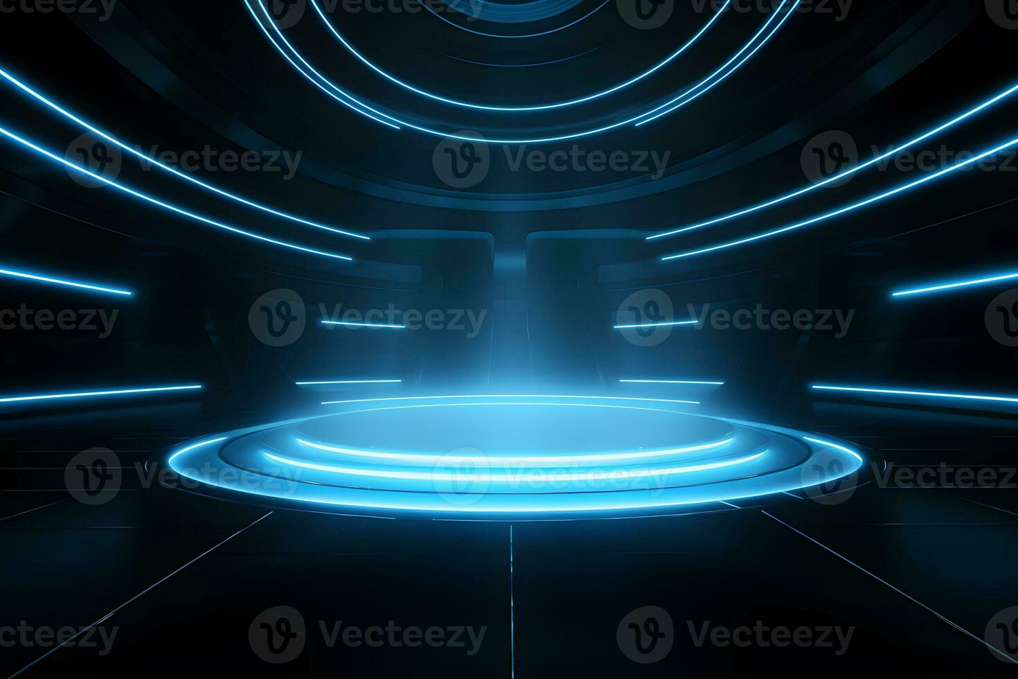 Sci-Fi product stand mockup. Podium with blue neon lights up in the darkness. podium for technology. generative ai photo