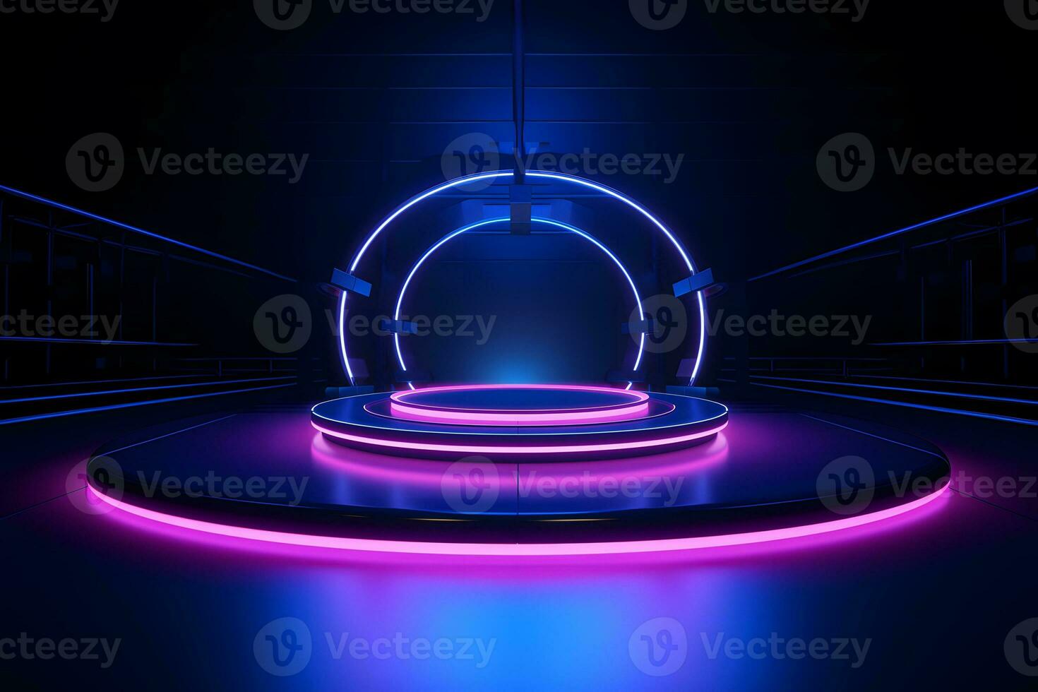 Podium with pink neon lights up in the darkness. podium for technology. device. handphone. laptop. generative ai photo