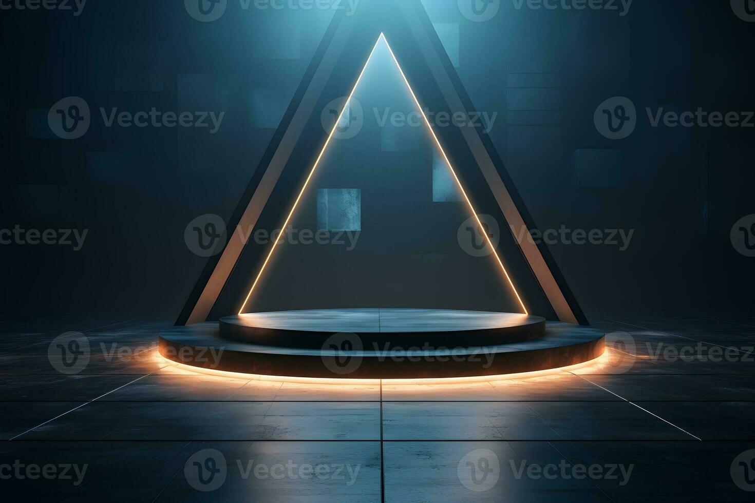 3D black round podium decorated with golden neon and white neon on dark background. empty stage for product presentation. modern mockup design. Template of pedestal. generative ai photo
