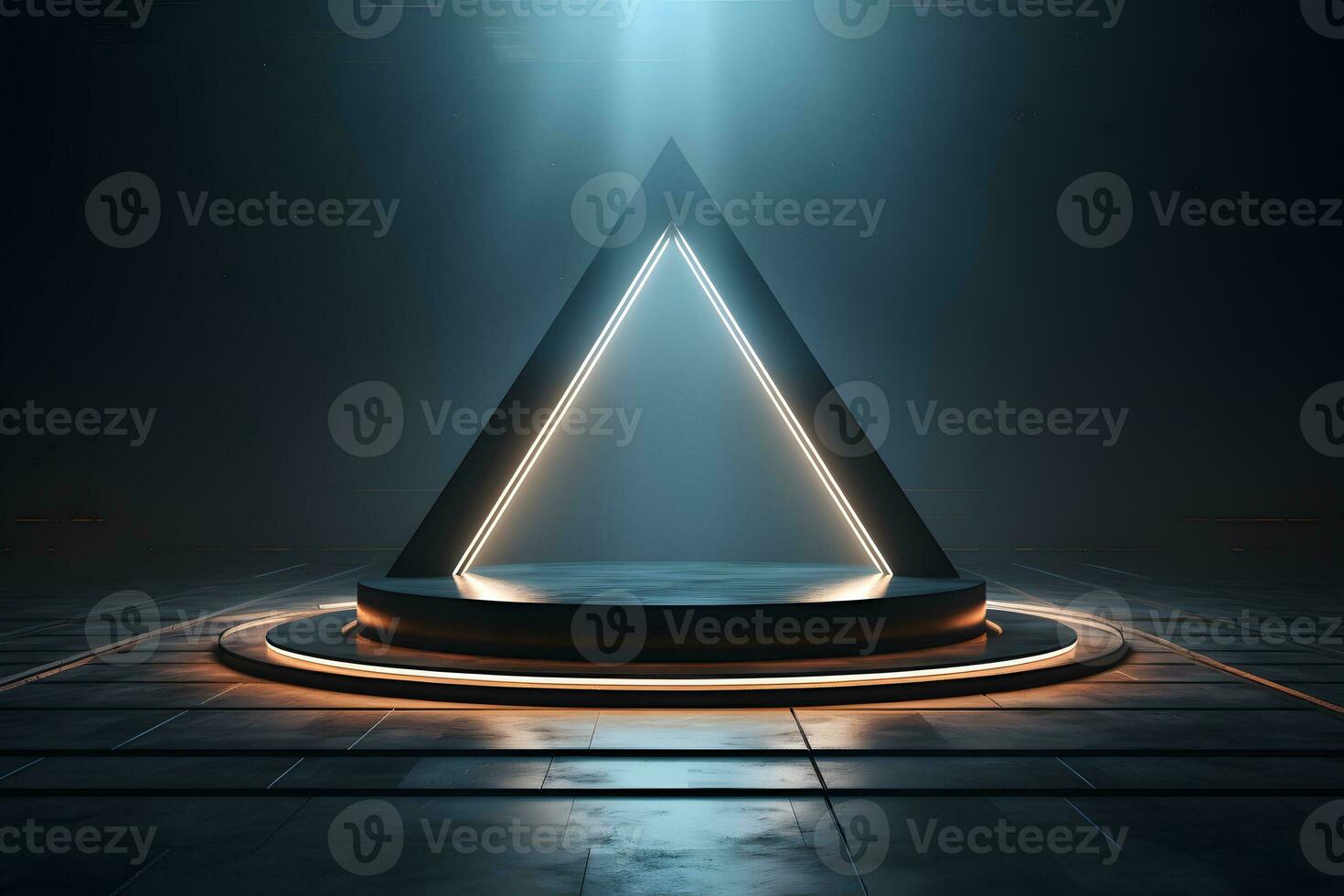 3D black round podium decorated with golden neon and white neon on dark background. empty stage for product presentation. modern mockup design. Template of pedestal. generative ai photo