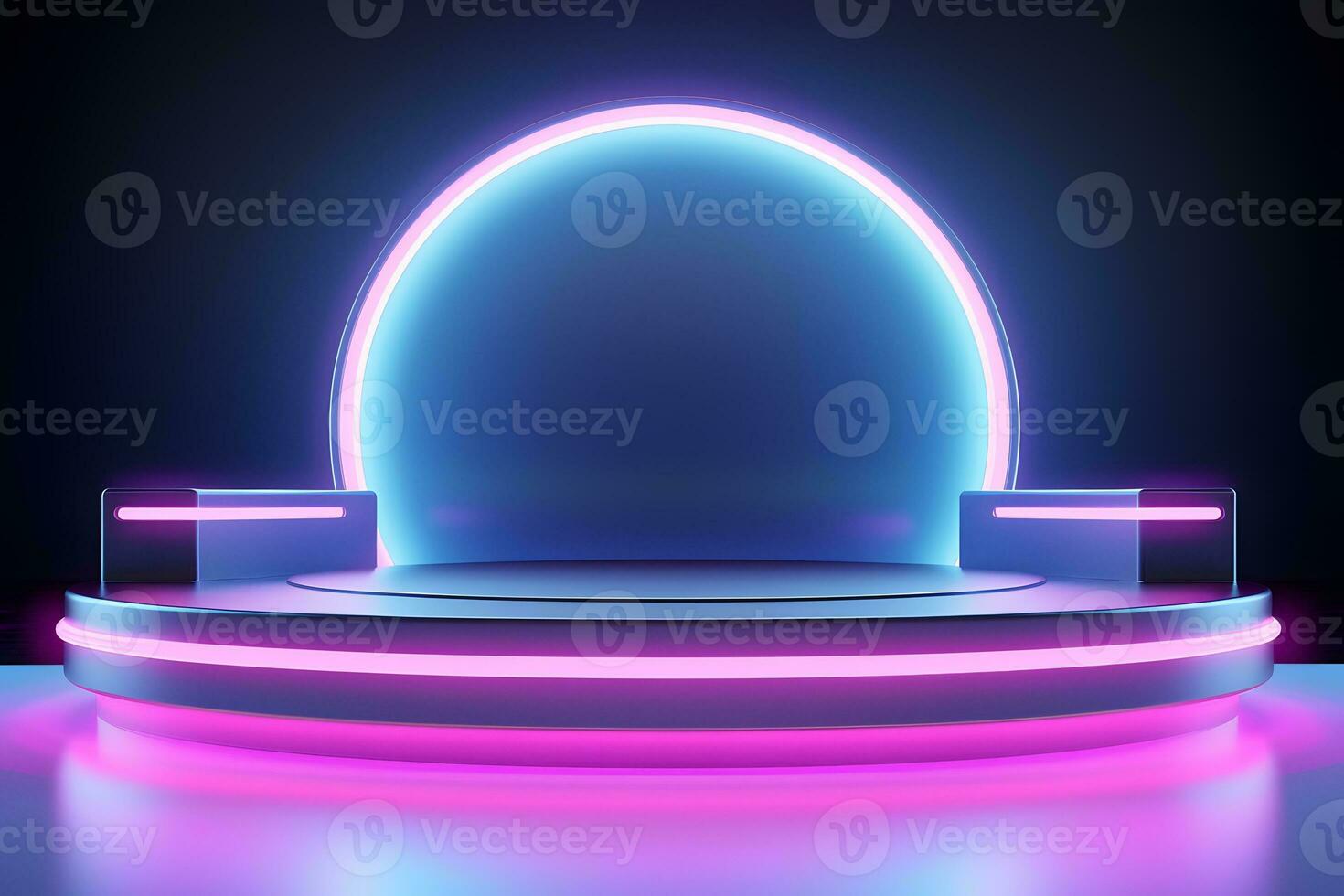 3d podium. neon lights. mock up. display cosmetic product display. stage podium or platform. generative ai photo