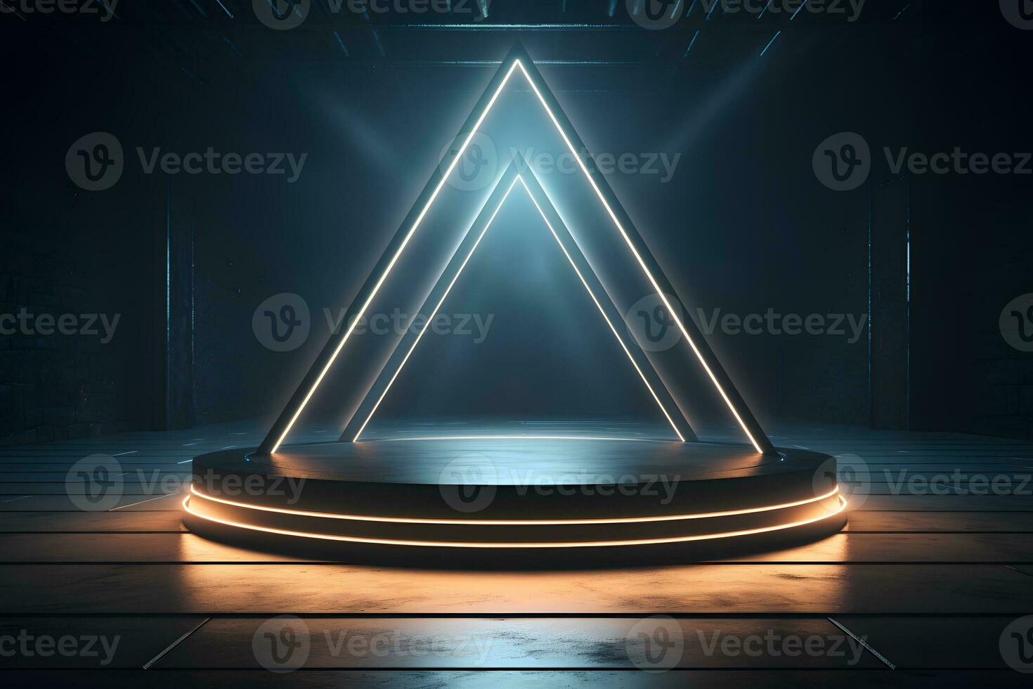 3D black round podium decorated with golden neon and white neon on dark background. empty stage for product presentation. modern mockup design. Template of pedestal. generative ai photo