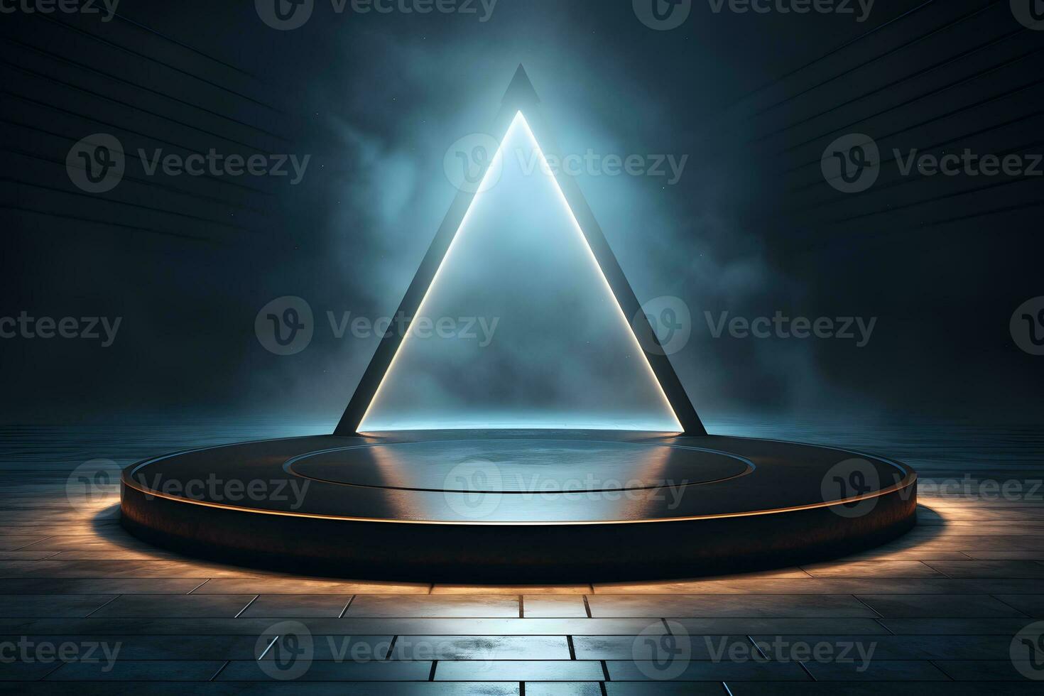 3D black round podium decorated with golden neon and white neon on dark background. empty stage for product presentation. modern mockup design. Template of pedestal. generative ai photo