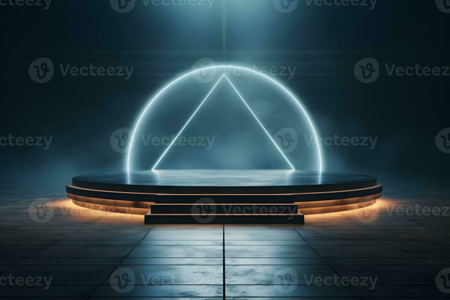 3D black round podium decorated with golden neon and white neon on dark background. empty stage for product presentation. modern mockup design. Template of pedestal. generative ai photo
