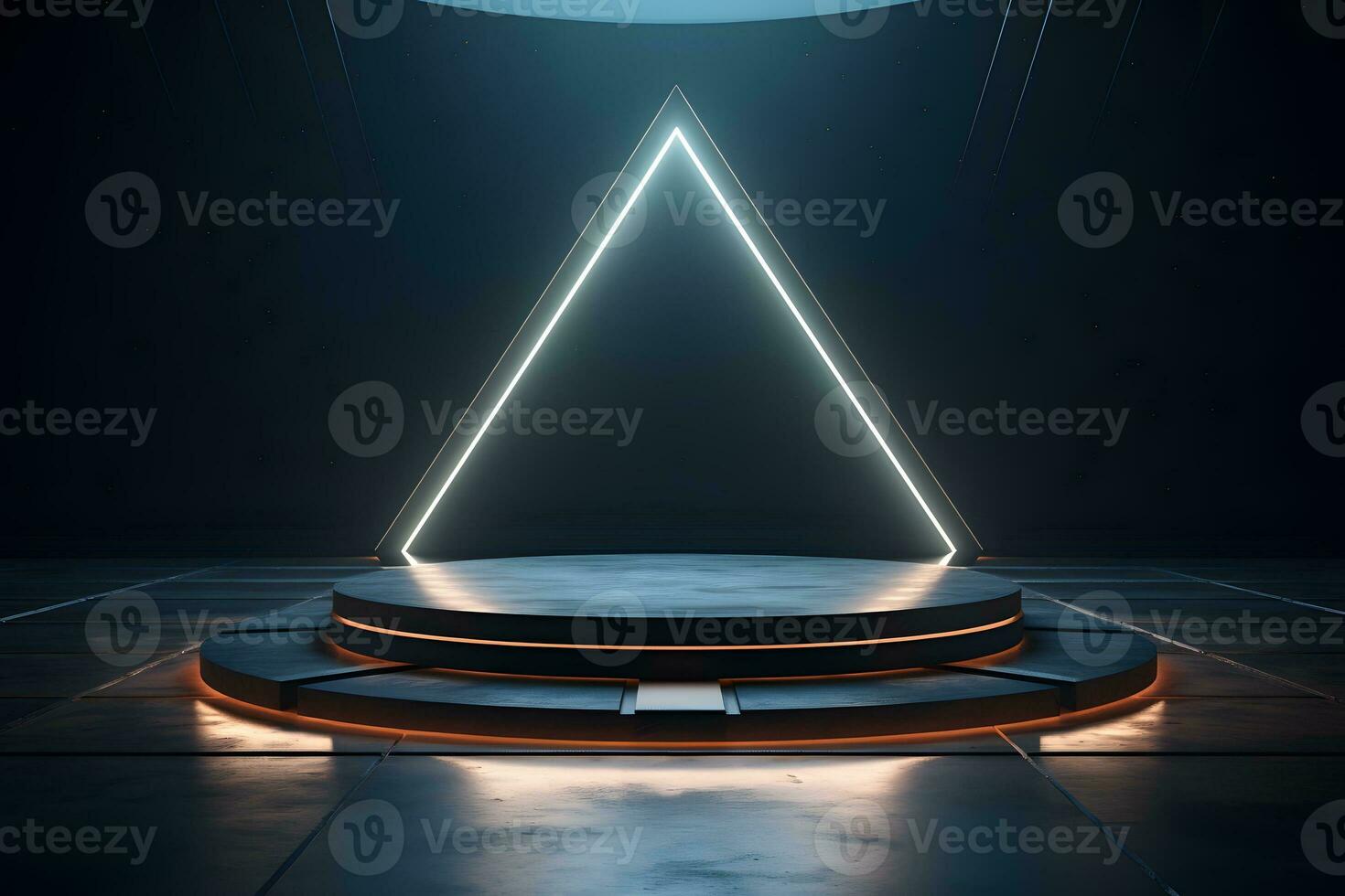 3D black round podium decorated with golden neon and white neon on dark background. empty stage for product presentation. modern mockup design. Template of pedestal. generative ai photo