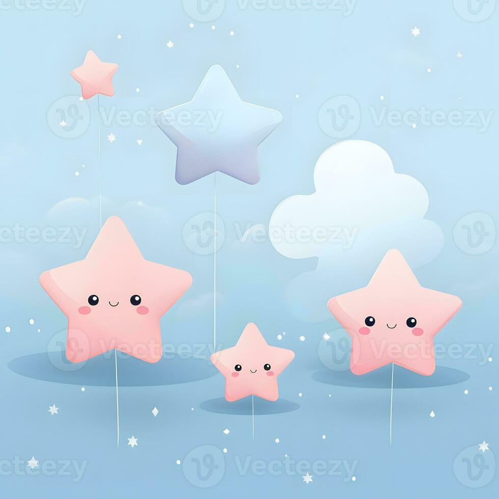 three pink stars with faces and clouds. Generative AI photo
