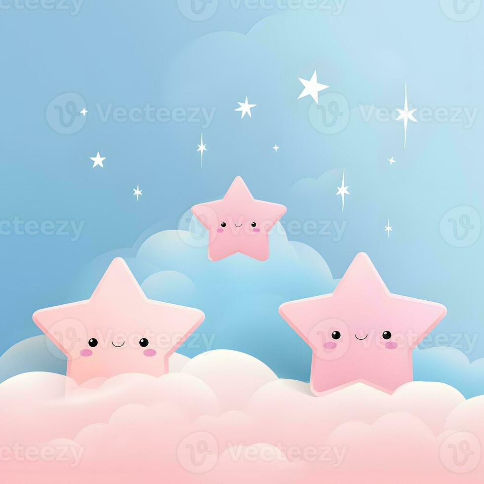 three pink stars in the sky with clouds. Generative AI photo