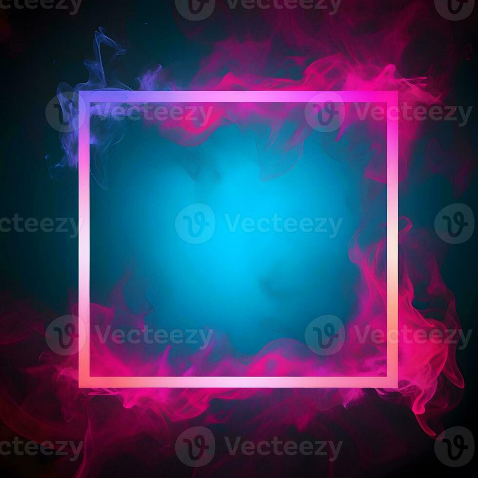 a pink and blue smoke frame with a square frame on a black background. Generative AI photo
