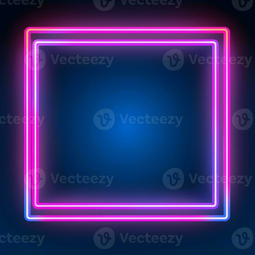 neon square frame with glowing neon lights on dark background. Generative AI photo