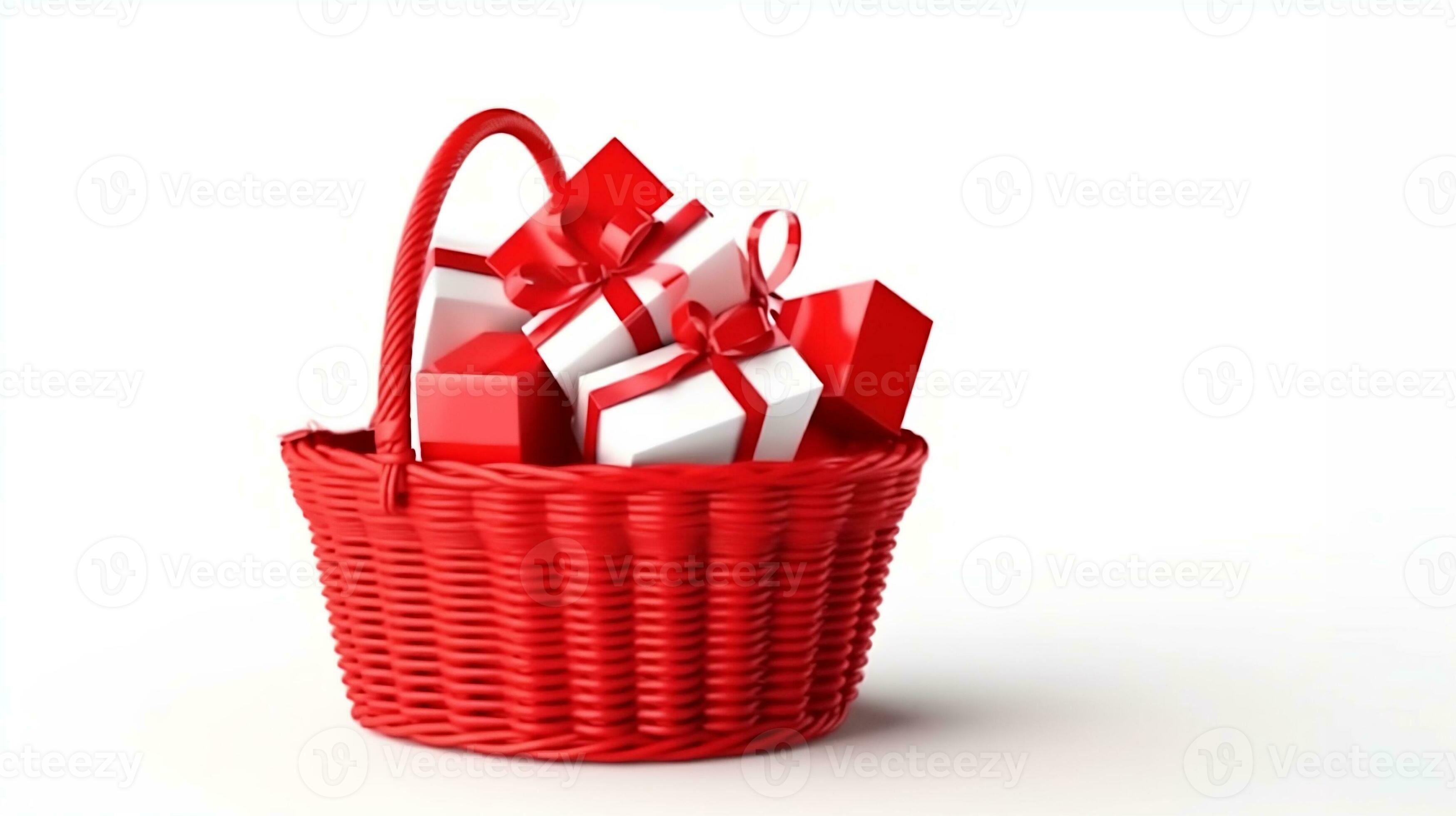 a red basket with gift boxes in it. Generative AI 30598046 Stock Photo at Vecteezy