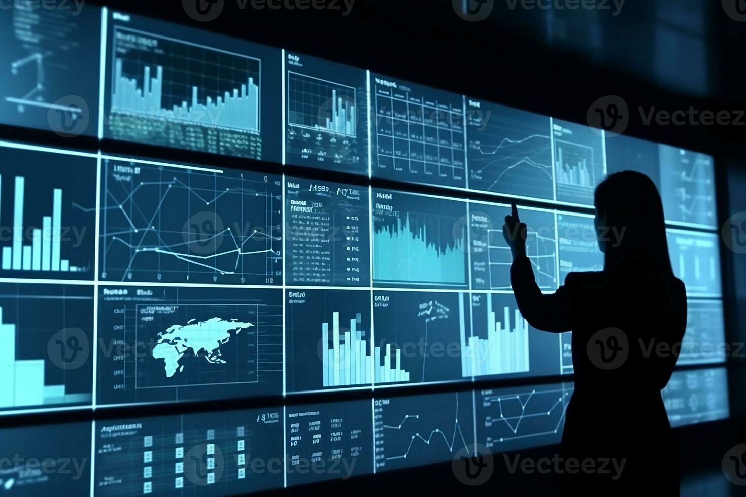 a woman in silhouette pointing at a screen with graphs. Generative AI photo
