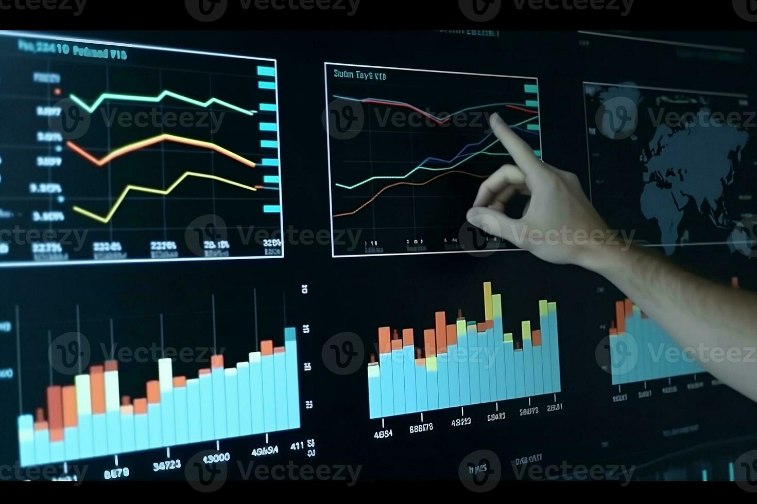 a person pointing at a screen with graphs and data. Generative AI photo