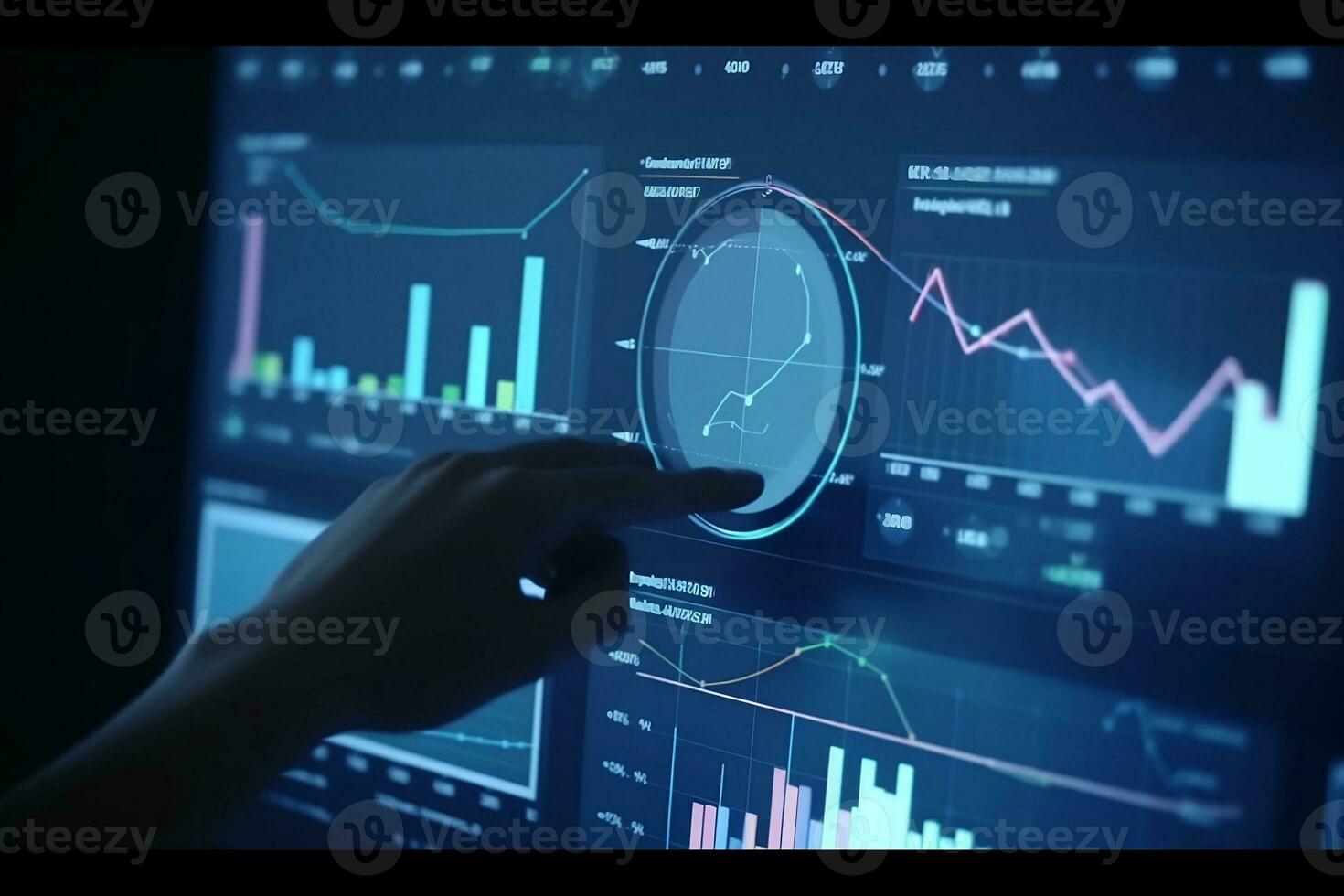 a person is pointing at a screen with graphs and data. Generative AI photo