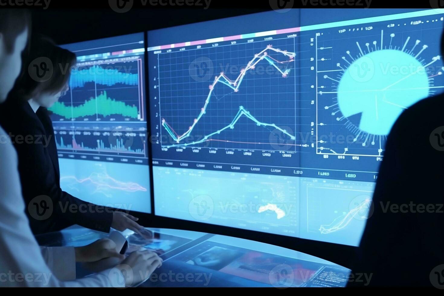 people looking at graphs on a large screen. Generative AI photo