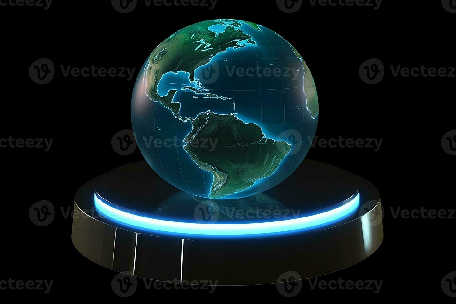 a globe on a stand with glowing blue lights. Generative AI photo
