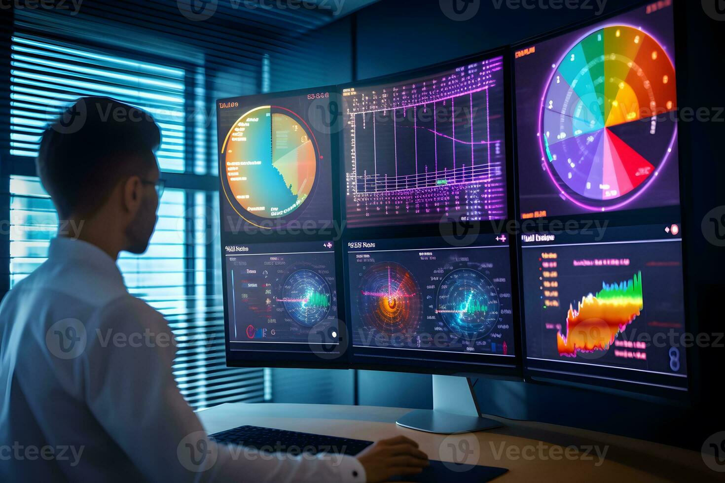 a man is looking at multiple screens with graphs and charts. Generative AI photo