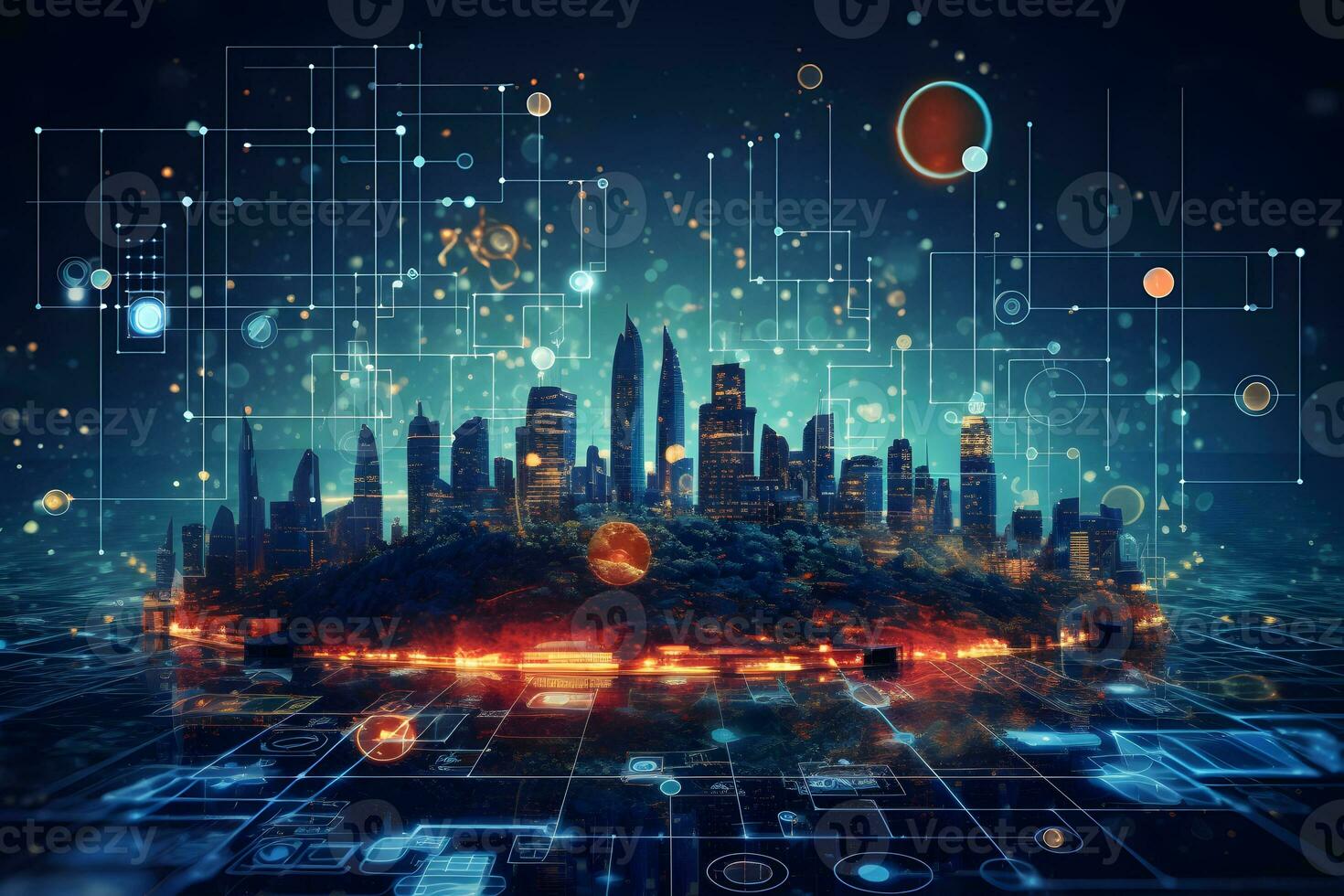 an abstract city surrounded by digital technology. Generative AI photo
