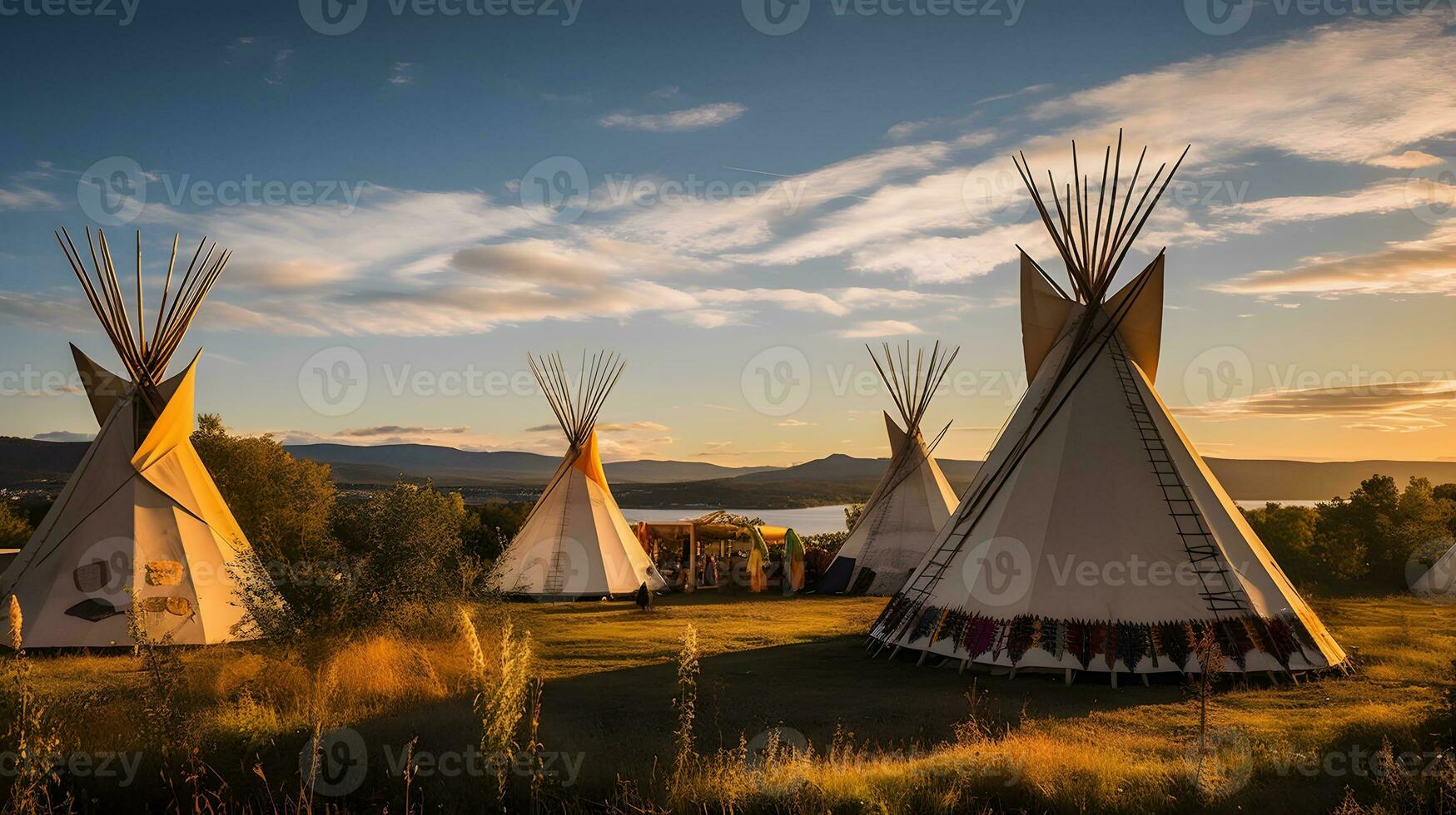 several teepees in a field with a lake in the background. Generative AI photo