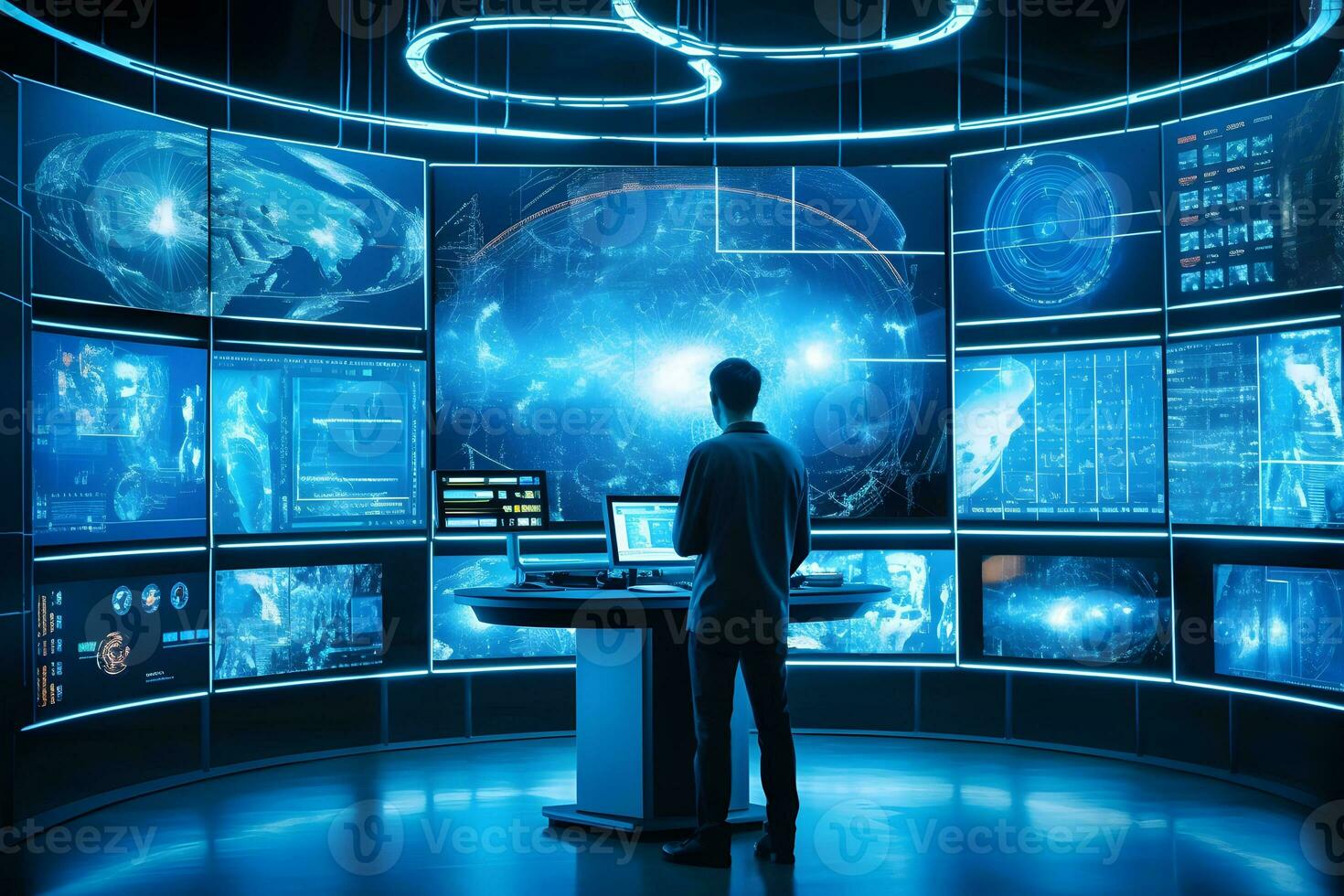 a man in front of a large screen with many screens. Generative AI photo