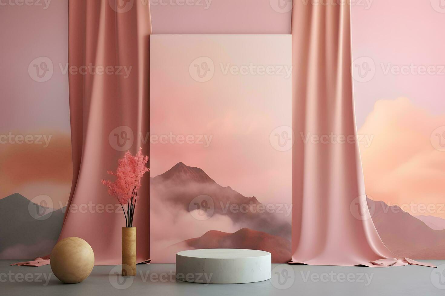 a pink room with curtains and a large painting. Generative AI photo
