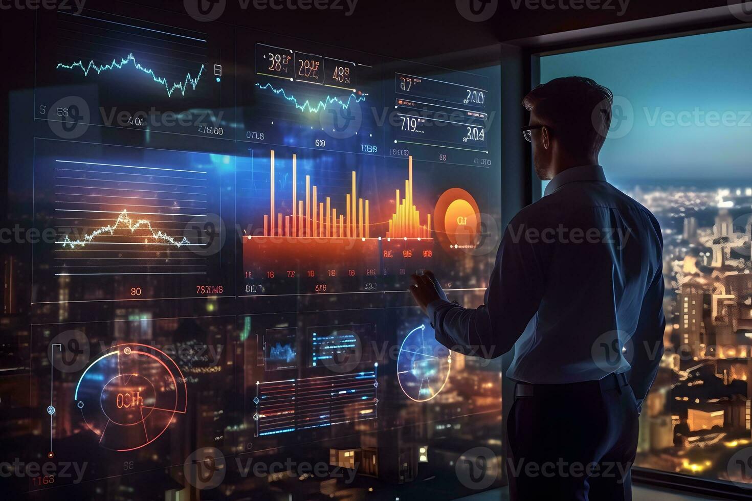 a man in a suit is looking at a screen with graphs and data. Generative AI photo