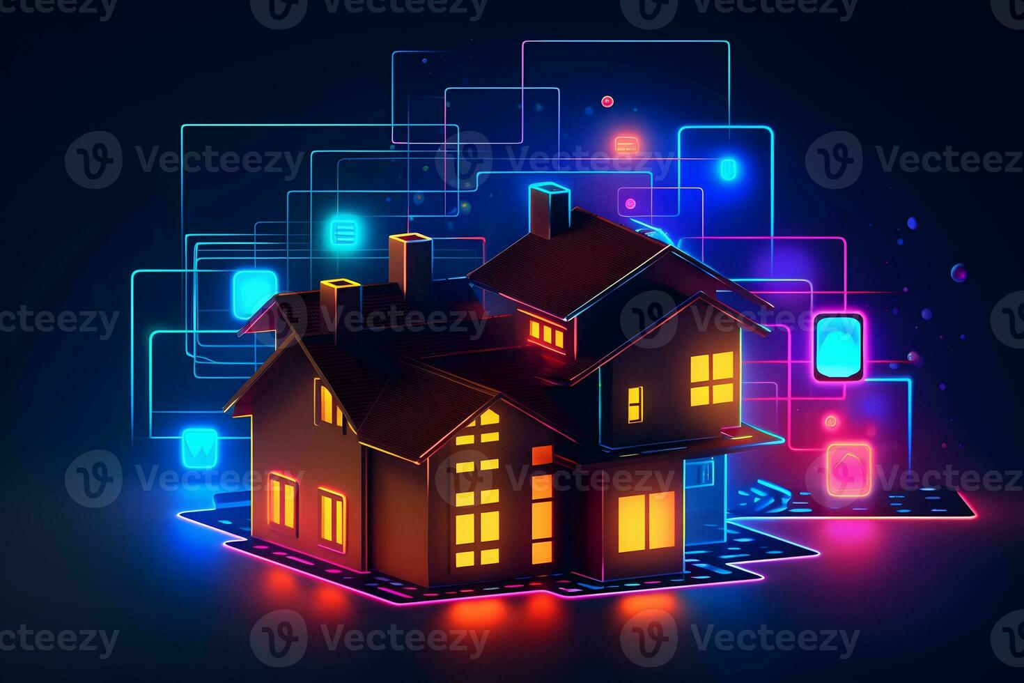 a house with glowing lights and a glowing network. Generative AI photo