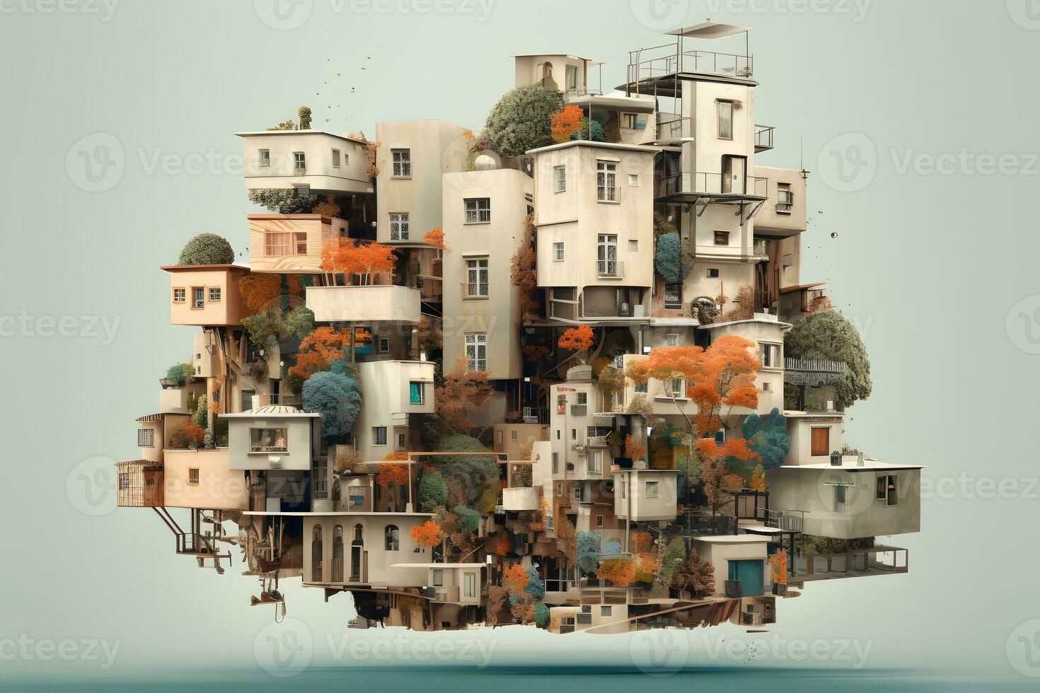 a floating city with many buildings on it. Generative AI photo