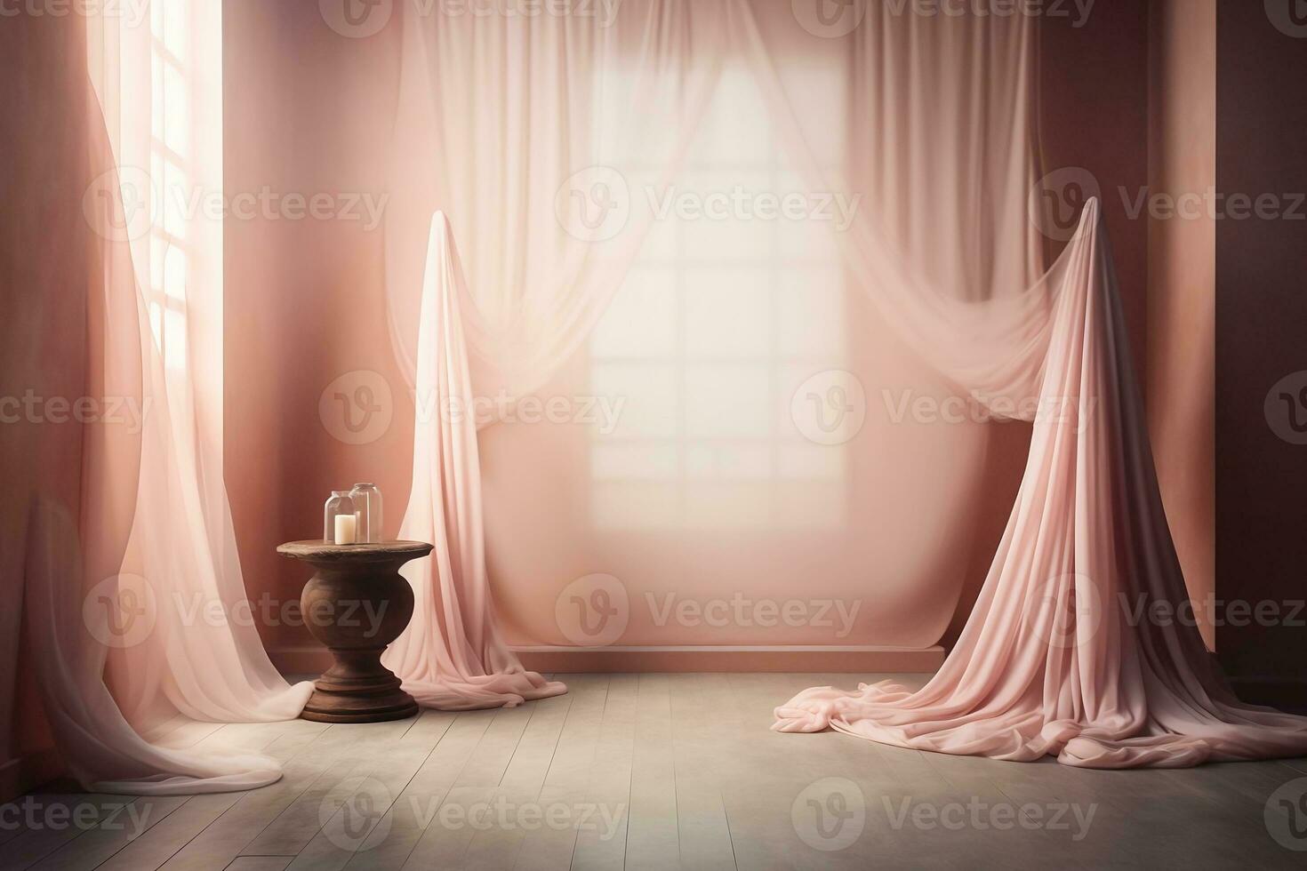 a room with pink curtains and a table. Generative AI photo