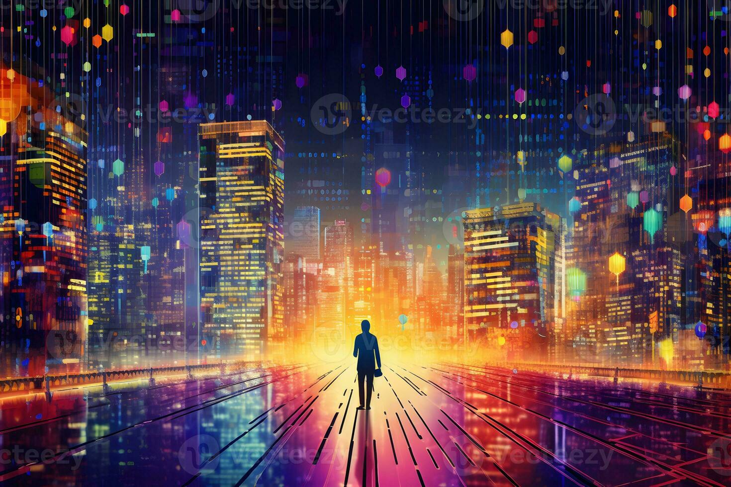 a man walking through the city at night with lights and lights. Generative AI photo