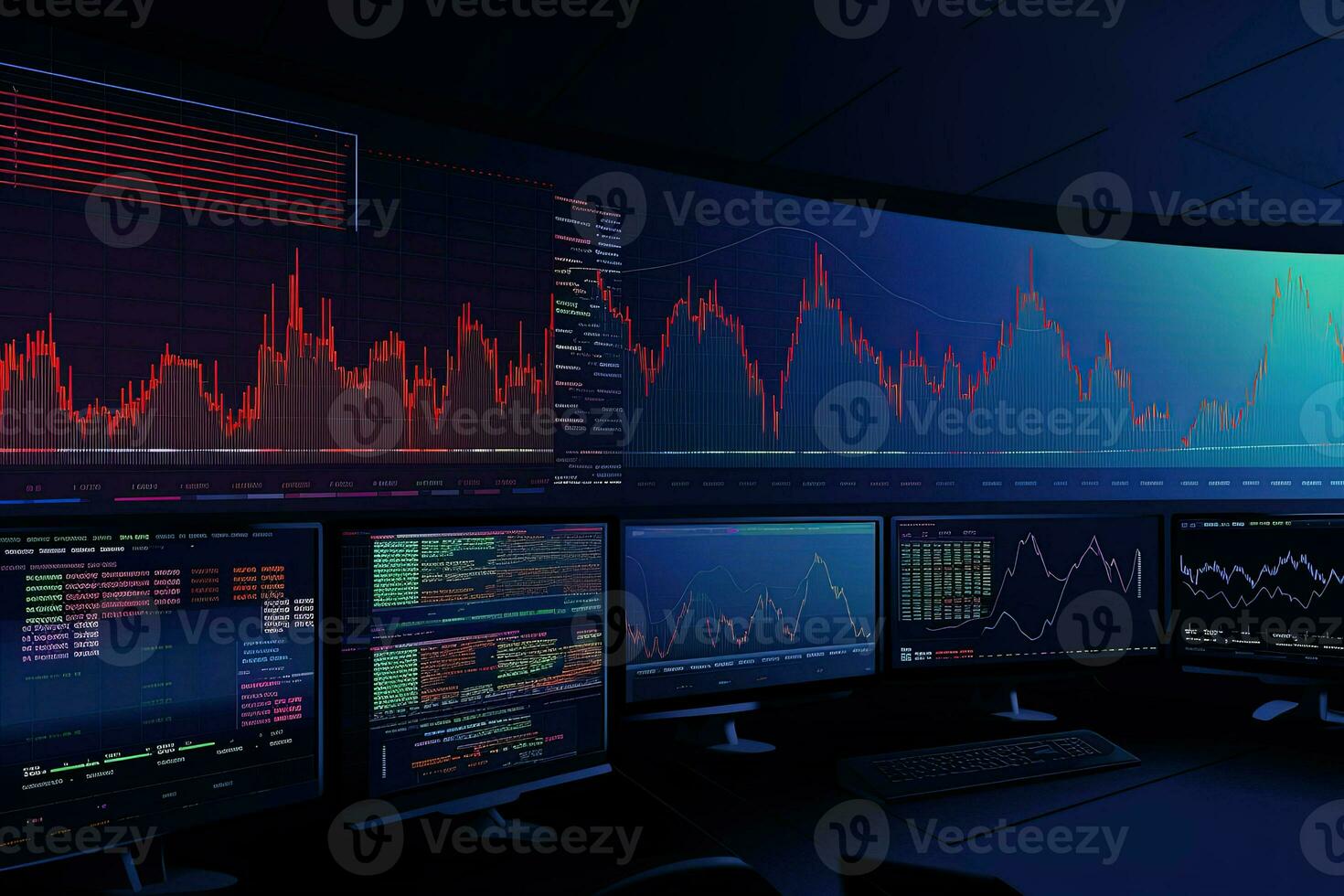 a computer screen with multiple monitors showing stock market data. Generative AI photo