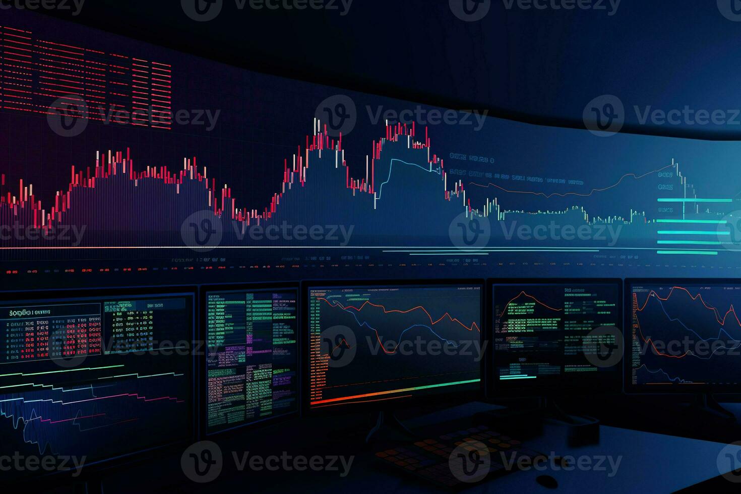 stock market trading screen with multiple monitors. Generative AI photo
