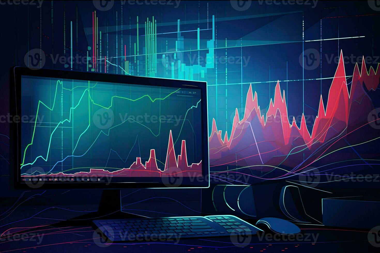 a computer monitor and a keyboard are in front of a graph. Generative AI photo