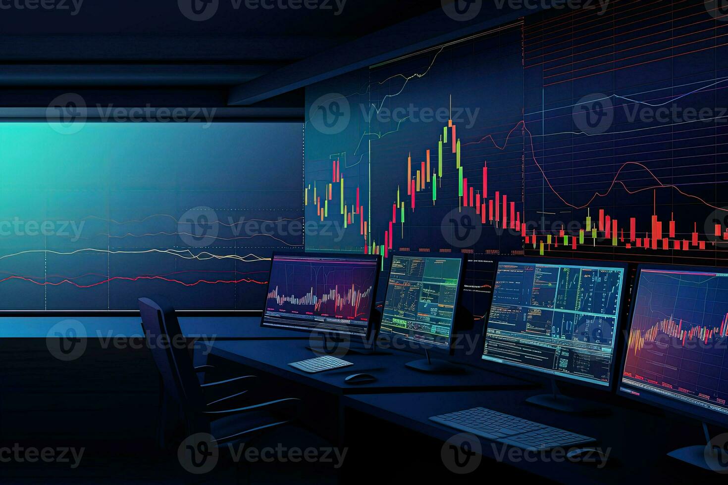 a room with multiple monitors and a computer screen. Generative AI photo