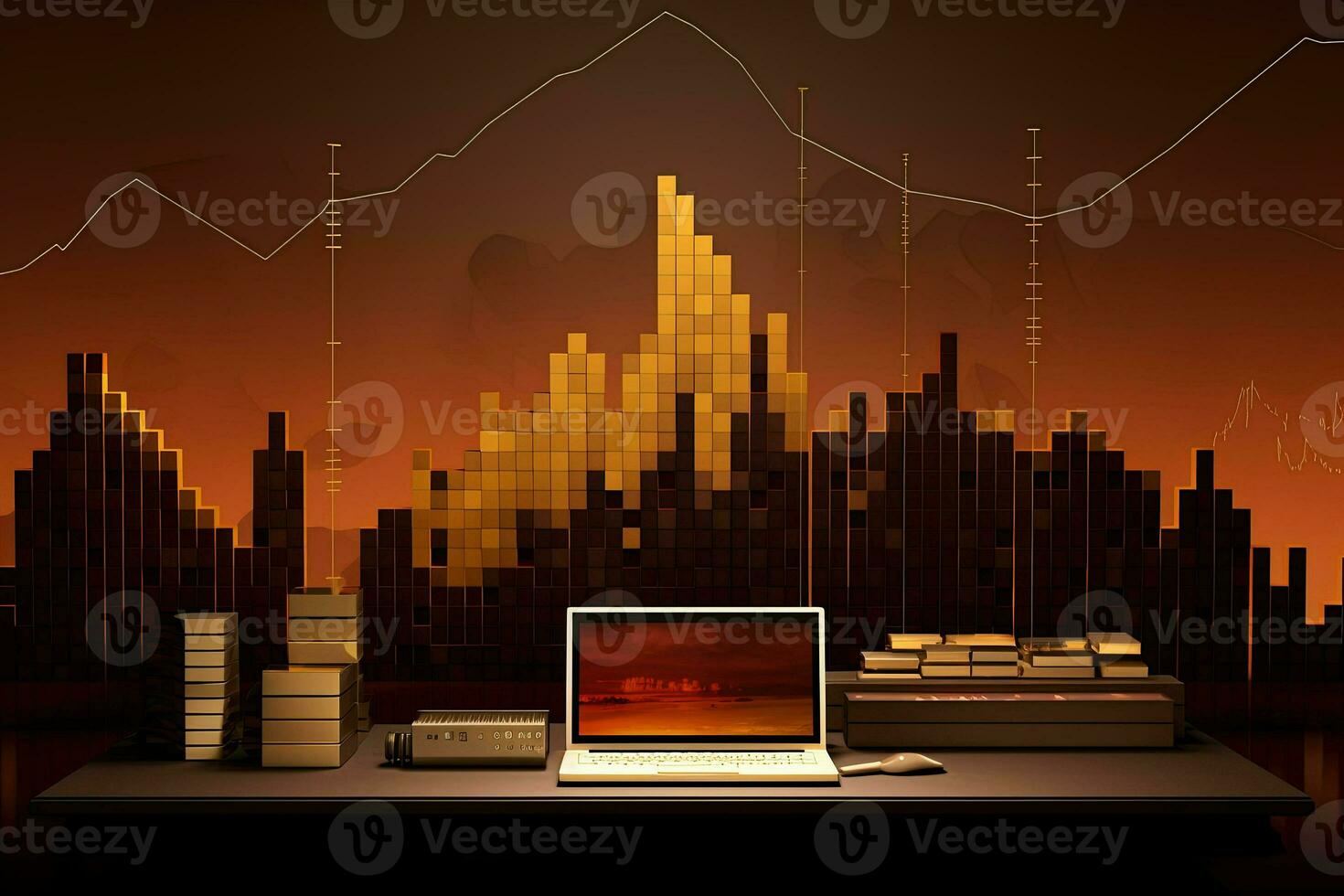 laptop sitting on a desk with a city skyline in the background. Generative AI photo