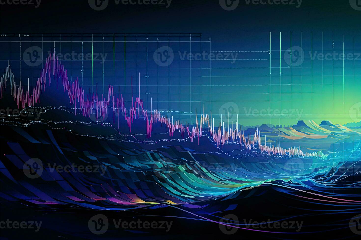 digital background with a graph line and a mountain range. Generative AI photo
