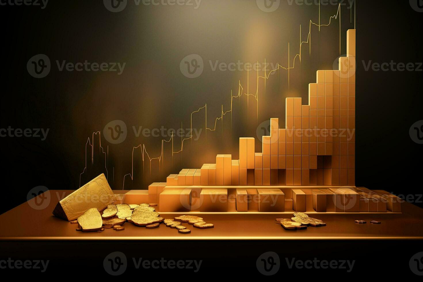 golden bars on a table with a graph chart. Generative AI photo