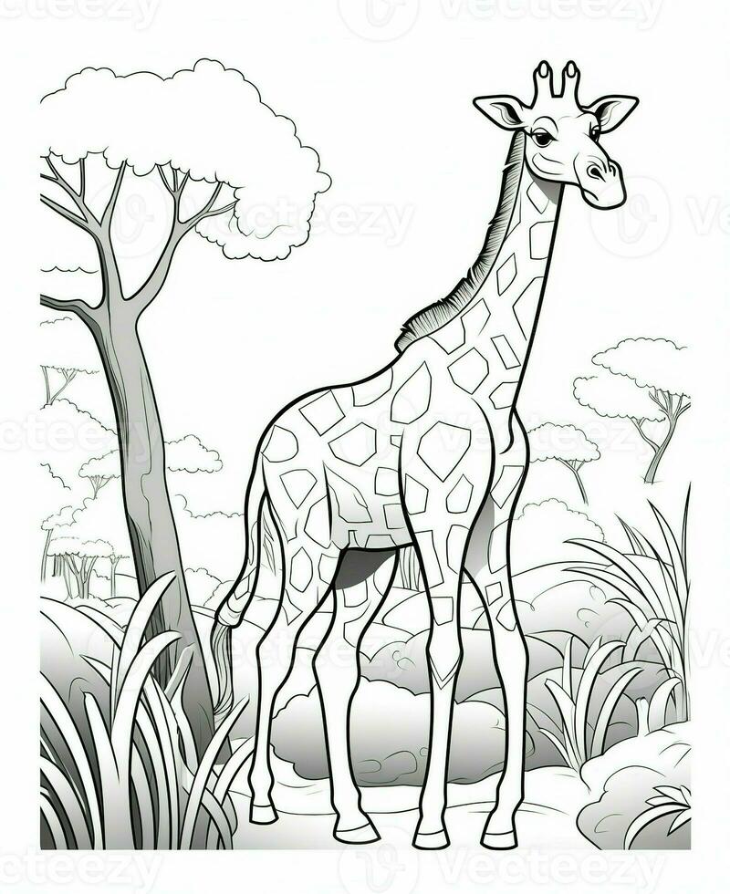 giraffe in the wild coloring page. Generative AI photo