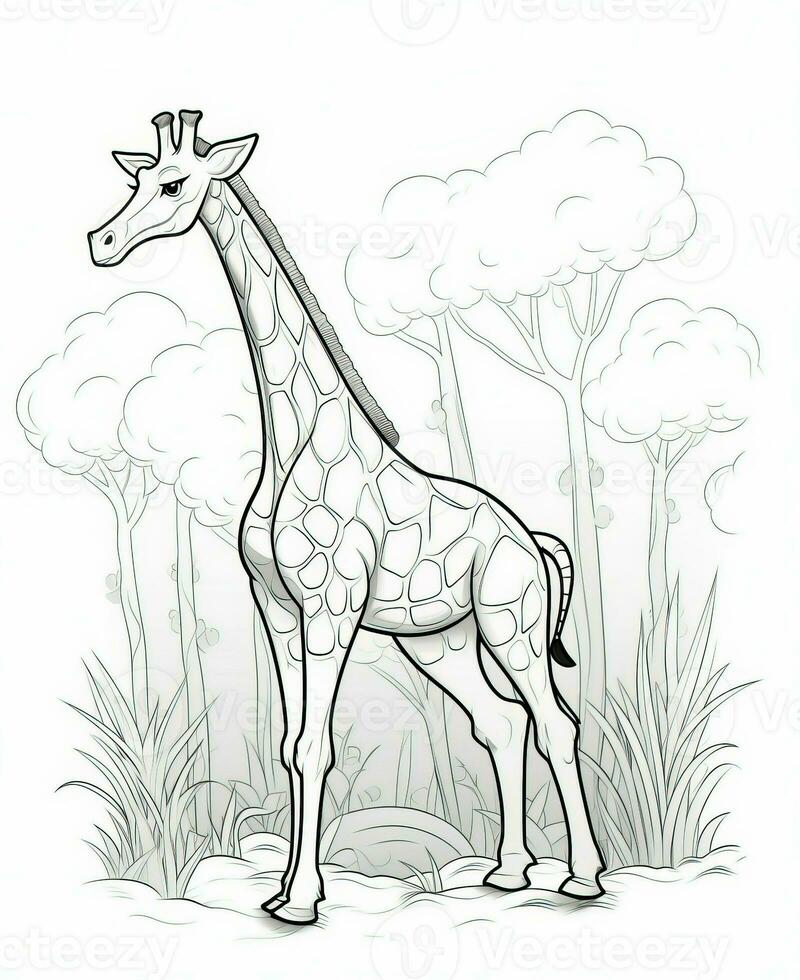 vector of giraffe in black and white coloring. Animal coloring page. Generative AI photo
