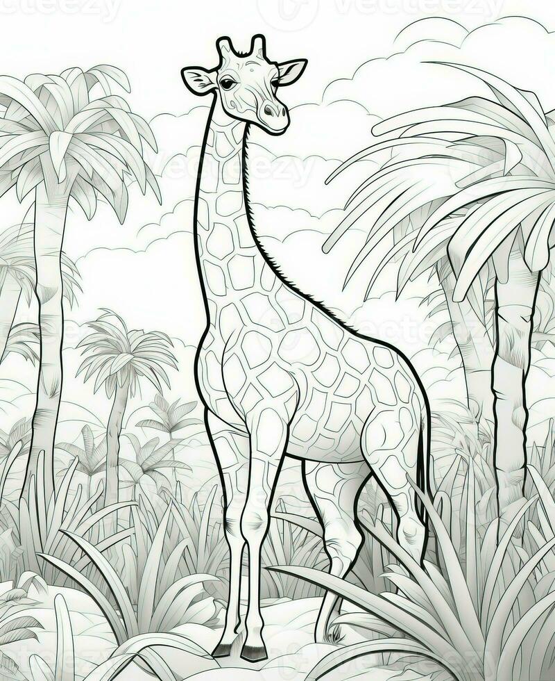giraffe in the jungle coloring page. Generative AI photo