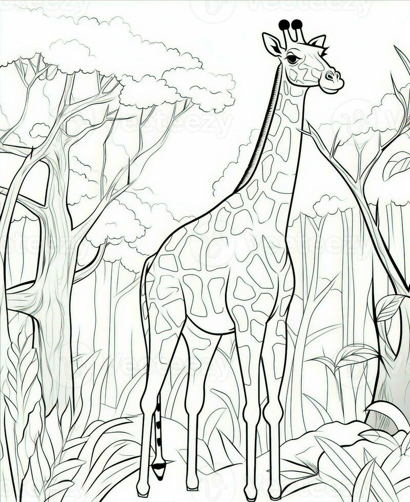 giraffe in the jungle coloring pages. Generative AI photo