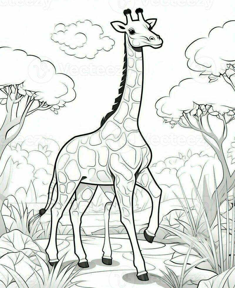 giraffe in the jungle coloring page. Generative AI photo