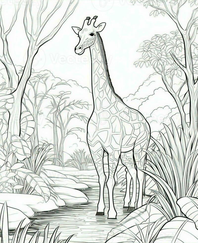 giraffe in the jungle coloring page. Generative AI photo
