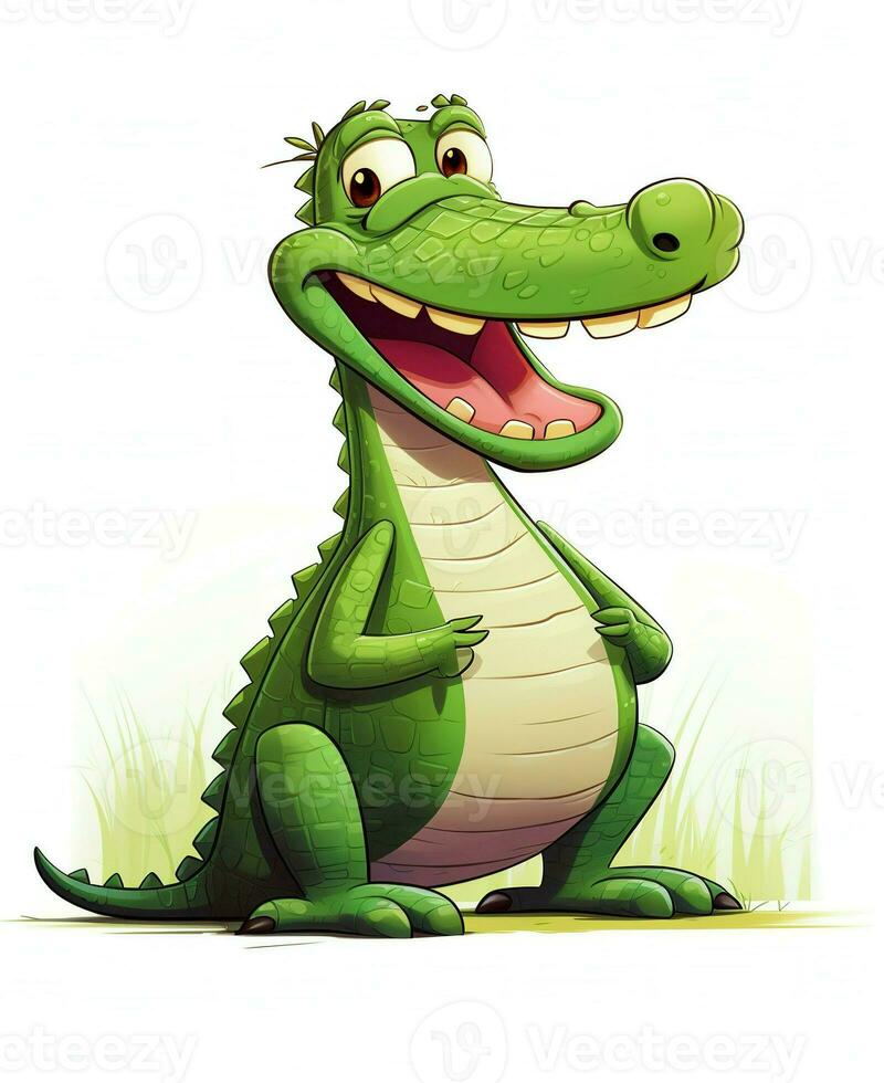 a cartoon green alligator sitting on grass. Generative AI photo