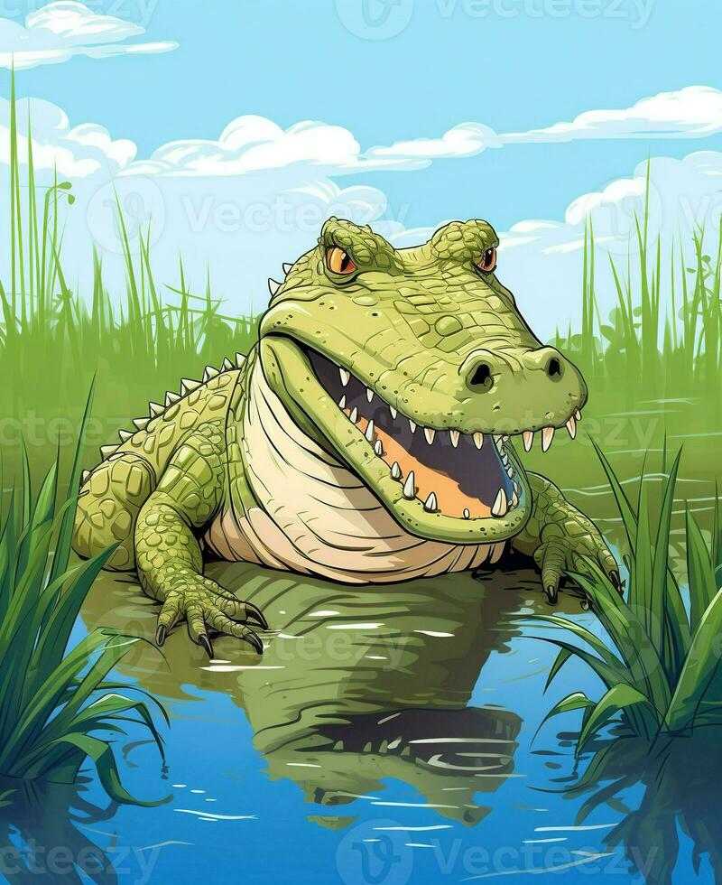 an illustration of an alligator in the water. Generative AI photo