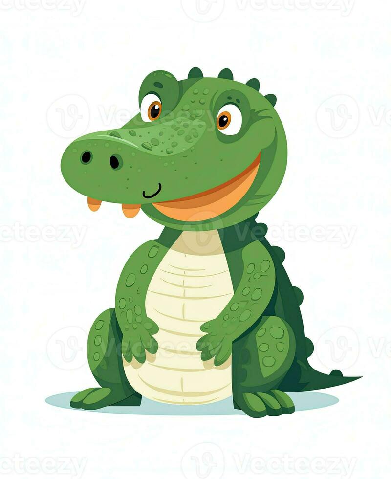 cute cartoon alligator sitting on white background. Generative AI photo