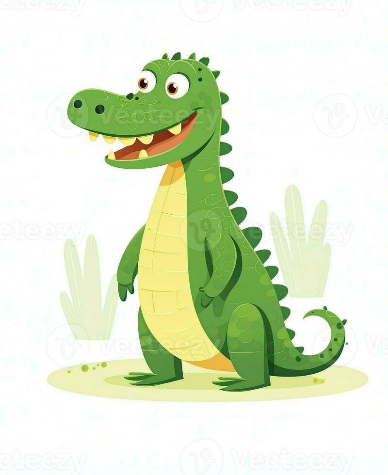 cute cartoon crocodile standing on grass, vector illustration. Generative AI photo